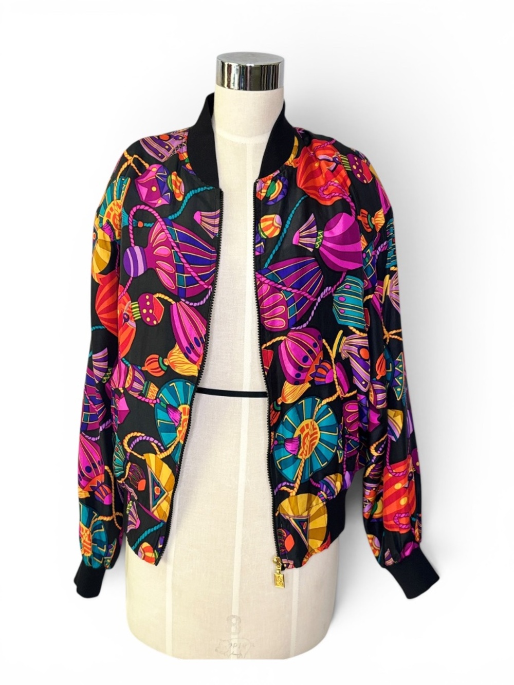 Vintage Petite Sophisticate Silk Jewel Tone 80's Bomber Jacket Statement Print S
